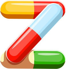 Healthcare cartoon font pill capsule letter Z. Medical cartoon English alphabet type symbol, healthcare vector typeset element. Medicine kids ABC font sign or hospital typeface letter