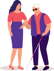 Young Woman Helping A Blind Elderly Man With Sun Glasses And White Cane.