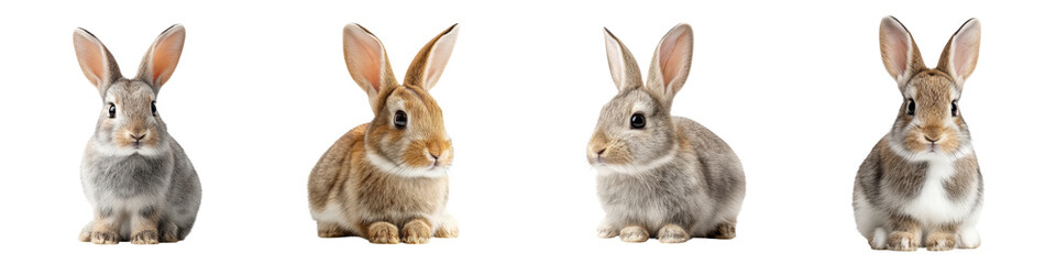 Fototapeta premium Adorable, charming rabbits in different poses showcasing fluffy fur, diverse colors, and playful expressions, perfect for children's books, pet-related themes, or nature illustrations.