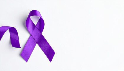 Purple awareness ribbon on white backdrop. Symbol of pancreatic cancer and epilepsy.