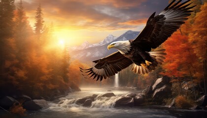 Obraz premium Eagle flying freely above the sky, with a stunning mountain backdrop at sunrise view