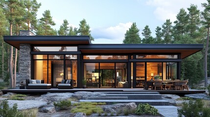 Obraz premium A modern house design featuring large glass windows and a spacious outdoor area, perfect for relaxation.