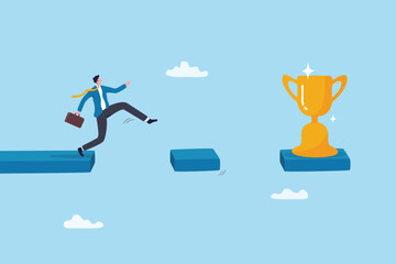 Risk or challenge to reach success achievement, determination or ambition to change, aspiration to step from safe zone, decision concept, businessman step on risk bridge to reach success trophy.