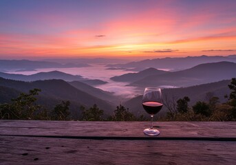 Photo of Glass of Red Wine on Table at Mountain Sunrise