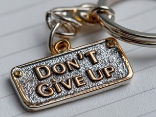 Keychain with motivational message "Don't Give Up" prominently displayed.