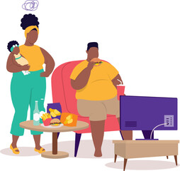 Overweight Black Husband Rather Watch TV And Eat Unhealthy Food Instead Of Spending Quality Time With His Wife And His Child.