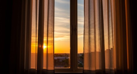 Photo of Golden Sunset Cityscape Through Sheer Curtains