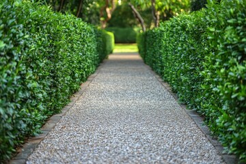 Long pebbled path is lined with lush green hedges in a formal garden. Showcase landscaping, serene escape, or the beauty of manicured nature.