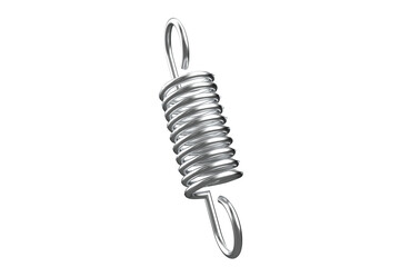 Close-up of a Shiny Steel Extension Spring with Hook Terminals, Silver Metal, Helical Tension, Durable Metal Coil Spring for Mechanical Applications, Industrial Automotive or Machinery Use on a PNG