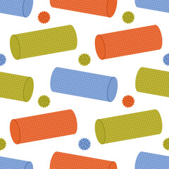 Seamless pattern with colorful massage foam rollers and balls on white background. Green, blue and orange myofascial release equipment. MFR. Fascia and muscle relaxation. Vector flat illustration