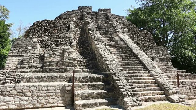 Mayan ruins at the Chacchoben site in Costa Maya, Mexico. Las Vasijas pyramid. Latin American historic archaeological excavation and tourist site, near a cruise ship port-of-call.