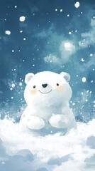 Fototapeta premium Charming winter scene with a cute smiling polar bear and softly falling snow
