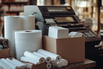 Paper products and cash register in a retail store