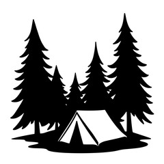 Silhouette of camping scene with trees and tent, outdoor adventure