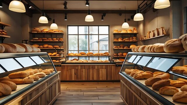 Cozy bakery interior with wooden shelves and counters filled with fresh bread loaves, warm lighting, and inviting rustic atmosphere


