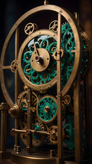 Obraz premium Intricate steampunk-style clock mechanism with brass and green gears, showcasing a detailed and artistic arrangement of cogs and engineering elements.