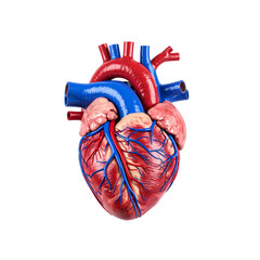 detailed anatomical model of human heart, showcasing arteries and veins vibrant colors. This educational representation highlights structure and function of heart, emphasizing its importance