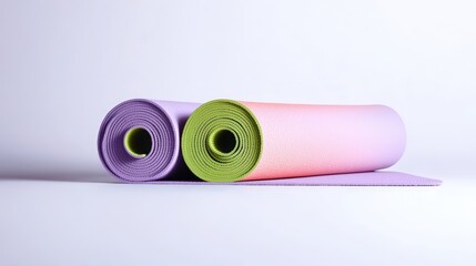 Visually striking a rolled-up yoga mat for relaxation on a sleep white background,