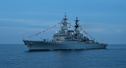 Warship Sailing in Ocean at Dusk