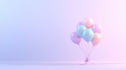 A small, whimsical bouquet of pastel balloons hovers gently on a gradient background.