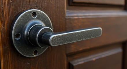 Obraz premium Photo of Metal Door Handle on Wooden Door