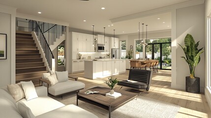 Fototapeta premium A modern house with an open kitchen and living room.