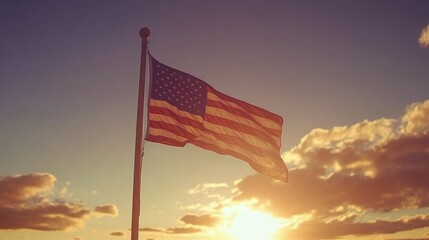 Obraz premium American Flag Sunset Sky Patriotism National Pride USA Symbol Freedom Waves red day blue gold pole