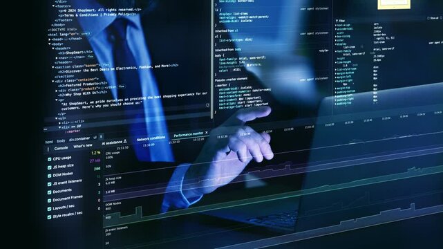 Stop motion. Hands working on keyboard with fictional code display, representing virtual interplay of human ingenuity and problem-solving in programming. Concept of IT solutions, programming. Ad