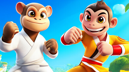 Two cartoon monkeys in martial arts poses