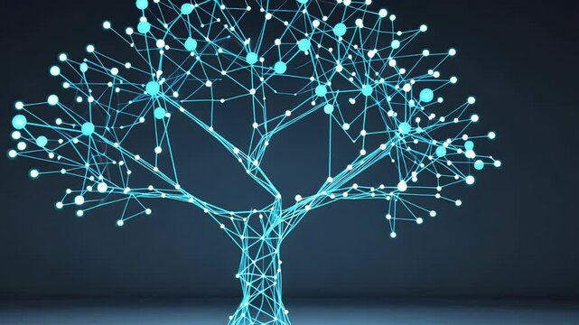 Digital network tree with interconnected glowing blue nodes and branches forming abstract technology concept on dark background with depth and light effects

