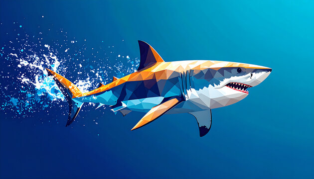 Geometric Shark Splashing in Deep Blue Ocean - Vector Illustration Style