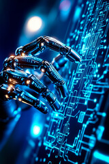 A robotic hand touching a circuit board