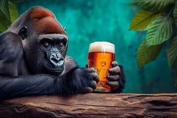 A gorilla holding a glass of beer in its hand