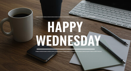 Happy Wednesday Coffee and Workspace Motivation Quote
