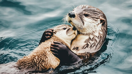 Mother otter cuddling pup