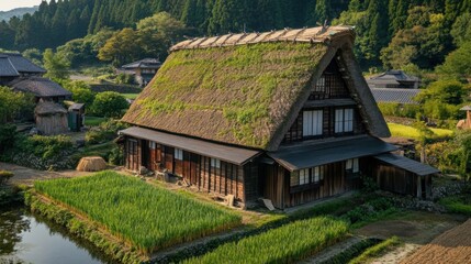 Traditional Thatched Roof House in Rural Setting, Japan