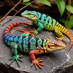 Obraz premium Lizards of various colors rest on warm rocks, enjoying the sun's rays and showing off their bright colors among the picturesque rocks.