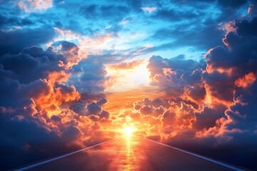Fototapeta premium A bright pathway leads towards a glorious sunset through a heavenly cloudscape