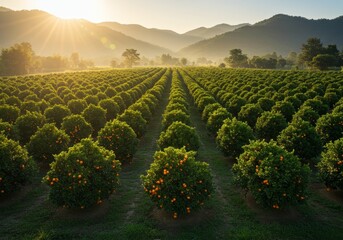 Photo of Orange Grove at Sunrise in Misty Valley