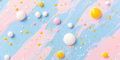 Fototapeta premium Abstract Pastel Background With Pink, Yellow, And White Paint Splashes On A Blue Backdrop