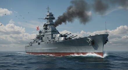 Naklejka premium Battleship Sailing on Ocean