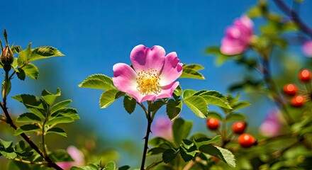 Blooming Spring Rose Bush Border with Rose Hips Against Blue Sky
