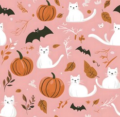 A pattern of white cats, pumpkins, bats, and leaves on a light pink background.