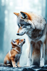 A wolf and a baby wolf standing next to each other