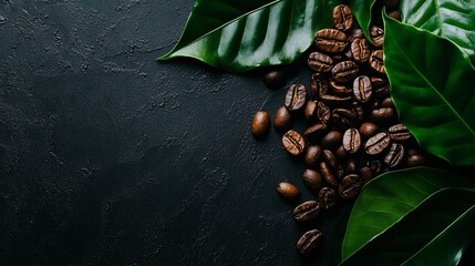 Roasted coffee beans cascade next to vibrant green leaves on a textured black surface