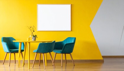 Blue chair and yellow table in front of creative geometric yellow wall with blank poster frame. Modern interior style on wooden floor.