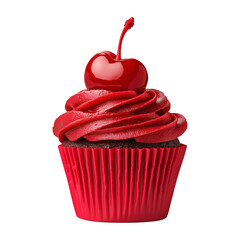 Chocolate cupcake with red frosting and cherry on top, isolated on white transparent background, concept of dessert and sweets