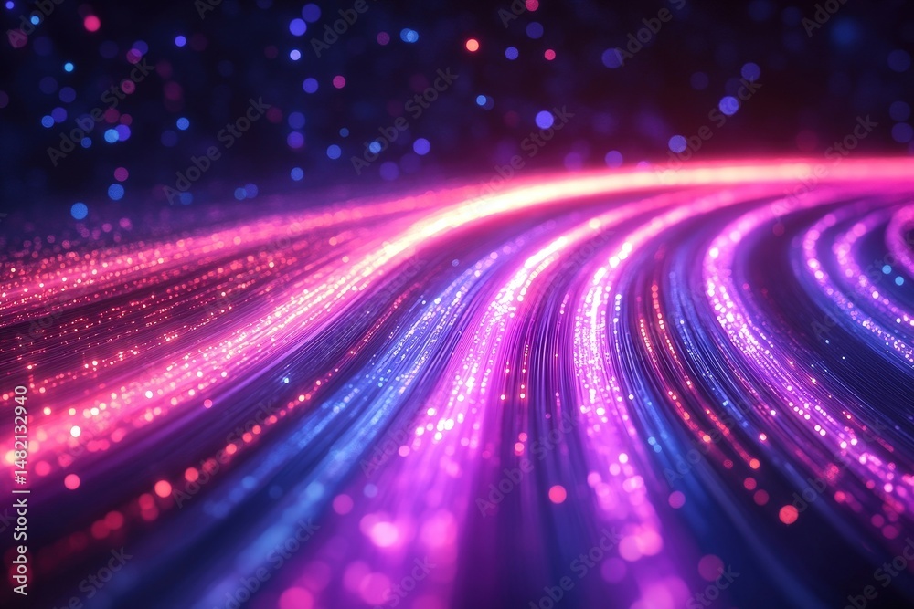 Poster colorful waves of light create a mesmerizing display with glowing particles illuminating the dark ba
