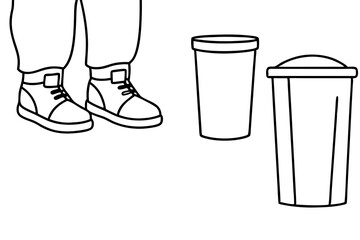 Cleaning.Janitor's feets in sneakers,waste containers