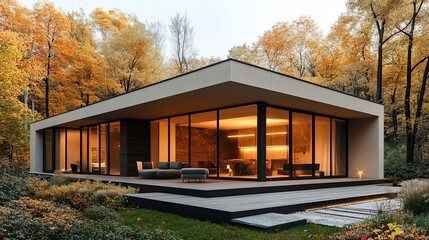 A modern one-story house with panoramic windows, a flat roof, and a unique facade.